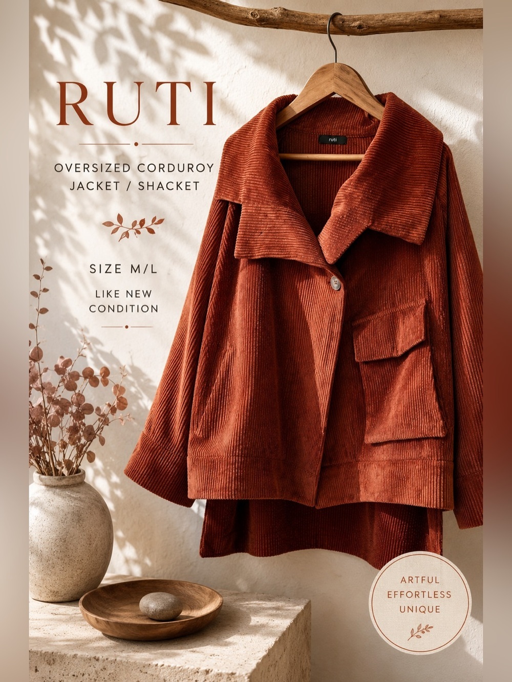 Ruti Oversized Corduroy Jacket Shacket Rust Orange M/L LNC